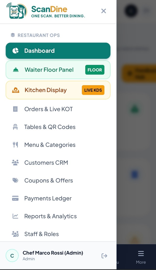 ScanDine Admin Panel Real Screen - Restaurant Operations and Menu Management