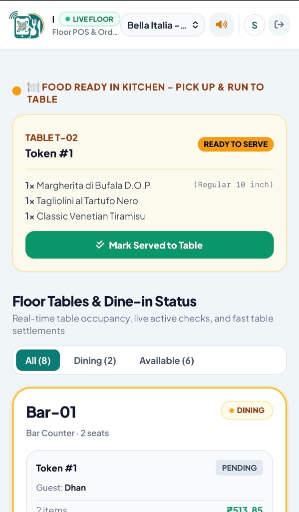 ScanDine Waiter App Real Screen - Floor POS and Order Notifications